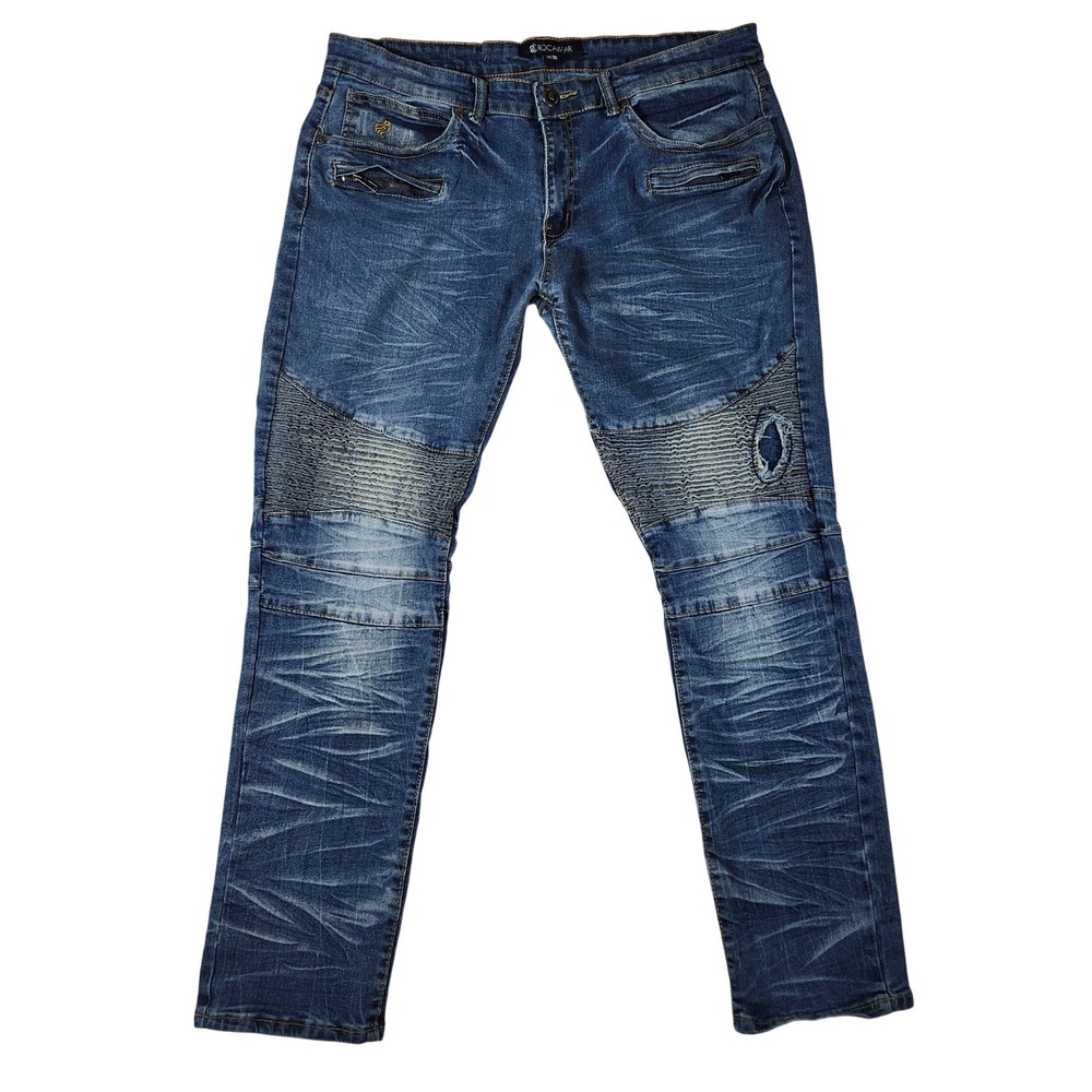 Rocawear Moto Jeans Mens 36 Blue Good Ribbed Knee‎ Whiskered Streetwear Denim